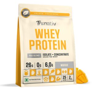 Trunativ Pro Blend Whey Protein Powder Isolate & Concentrate | 100% Light & Clean Protein Powder | 26g Protein | 6g BCAA | 12.52g EAA | No added sugar | Mango 2lbs (907g)