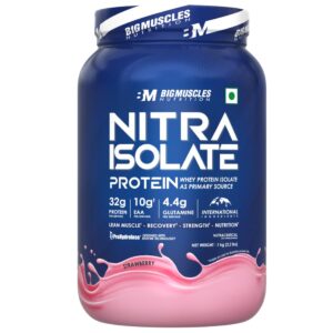 Bigmuscles Nutrition Nitra Isolate [1kg, Strawberry] | 32g Protein | 10g EAA | Whey Protein with ProHydrolase Enzyme Tech. For Faster Absorption | Improved Strength, Faster Recovery & Muscle Building