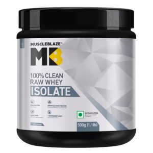 MuscleBlaze 100% Clean Raw Whey Protein Isolate (Unflavoured, 500g) | 27g Protein per Scoop | Easy to Digest