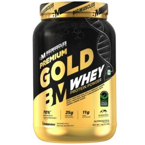 Bigmuscles Nutrition Premium Gold Whey [1Kilogram] | Informed Choice UK Certified | Isolate Whey Protein Blend | 25G Protein | 11G EAA | Prohydrolase Enzyme Technology [Mango Magic], 37 Grams