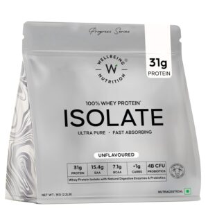 Wellbeing Nutrition Clean Whey Protein Isolate 1kg Unflavoured | 31g Protein, 7.1g BCAA | 4B CFU Probiotics & Natural Digestive Enzymes | Fast Absorbing, No Bloating, Easy to Digest | Faster Muscle Recovery