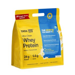 Tata 1mg Ultra Clean Whey Protein Isolate + Concentrate - Vanilla Bean 1kg | 24g Protein, 5.6g BCAA & 30B CFU Probiotics-28 Sachets