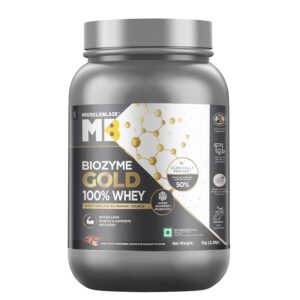 MuscleBlaze Biozyme Gold 100% Whey Protein (Monk Fruit Sweetened Chocolate Hazelnut, 1kg / 2.2 lb) | Whey Isolate as Primary Protein Source