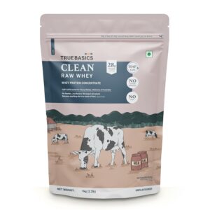 TrueBasics Clean Raw Whey Protein Concentrate Powder (Unflavoured, 1kg) | 28g Protein per Scoop