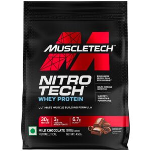 MuscleTech Nitro-Tech Whey Protein, 450g, Milk Chocolate, 30g Protein, 3g creatine monohydrate, 6.7g BCAA, ultimate muscle building formula, increase strength & performance