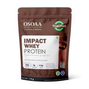 Osoaa Impact Whey Protein 1kg -Double Rich Chocolate | Isolate & Concentrate | 24g Protein & 3g Creatine with 5X Digestive Enzymes | Trustified Certified & NABL Lab Tested
