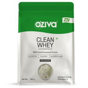OZiva Clean Whey Concentrate Protein Powder (Unflavoured) - 2lbs/907g | 27g Protein Per Scoop | Microfiltered, Ultrafiltered, 100% Cold-Processed | Muscle recovery, Better Absorption& No bloating
