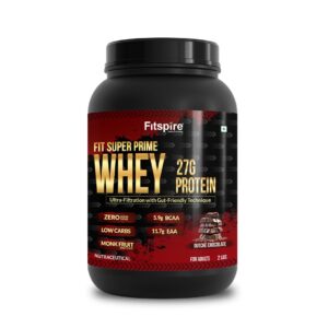 Fitspire Fit Super Prime Whey Protein Powder - 27g Protein with L-Arginine for Explosive Muscle Pump & Recovery - Monk Fruit Sweetened, DigeZyme & 5 Billion CFU Probiotics for Gut Health - Dutché Chocolate (2 lbs / 907g)
