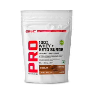 GNC 100% Whey + Keto Surge | India’s First Fat-Burning Whey | 24g Protein | 180mg L-Carnitine, 36mg CLA for Lean Muscle & Fat Burn | Zero Added Sugar | Gluten-Free | Chocolate Flavor | 1lbs