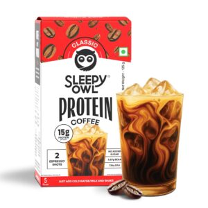Sleepy Owl Classic Protein Coffee Powder, 15g Whey Protein & 2 Shots Espresso per Sachet, Less than 97 Cal, No Added Sugar, Real Cold Coffee, Light & Easy to Digest, Pack of 5 Sachets (5N x 25g)