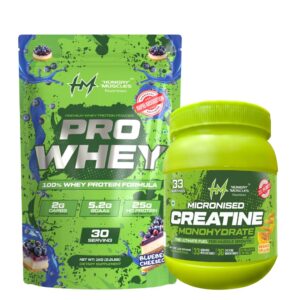 Hungry Muscles Pro Whey Protein Powder 1kg Blueberry Cheesecake | 25g Protein, 5.2g BCAAs, Low Carbs | + Creatine Monohydrate 250g Orange Splash Combo | 83 Servings