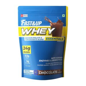 Fast&Up Whey Essentials (1.7 lb, 800 g - Rich Chocolate flavour), Whey Protein Isolate + Concentrate Blend with 24g Protein, 5.5g BCAA, 4g Glutamine