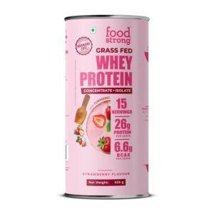 Foodstrong Whey Protein Powder (Concentrate + Isolate), 100% Hormone Free Grass-Fed Whey, 26G Protein & 6.6G BCAA, Strawberry, With Turmeric & Digestive Enzymes, (15 Sachets), 525G