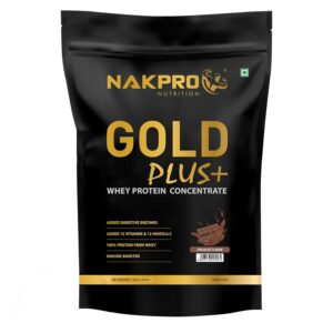 NAKPRO Gold Plus+ Whey Protein Concentrate with Digestive Enzymes | 25.46g Protein, 5.57g BCAA | Added Vitamins & Minerals (1 Kg, Chocolate)