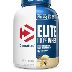 Dymatize Nutrition Elite 100% Whey Protein | Whey Protein Powder | Muscle Recovery | 25g Protein, 5.5g BCAA | Fast-Absorbing Protein | Gluten-Free | Blend with BCAAs & Glutamine | Gourmet Vanilla | 5 Lbs