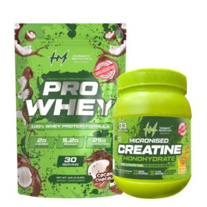 Hungry Muscles Pro Whey Protein Powder 1kg Coconut Chocolate | 25g Protein, 5.2g BCAAs, Low Carbs | + Creatine Monohydrate 250g Orange Splash Combo | 83 Servings