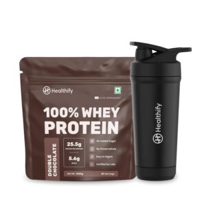 Healthify 100% Whey Protein Powder, Double Chocolate 1KG 25.5gm protein with Premium Stainless Steel Leak-Proof Shaker Bottle (700ml) – Muscle Recovery & Gym Starter Kit