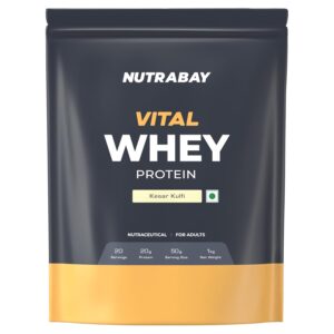 Nutrabay Gold Vital Whey Protein Powder for Beginners with Added Vitamins & Minerals – Muscle Growth & Body Strength– 1kg, Kesar Kulfi | Easy to Digest | 100% Authentic Imported Clean Protein