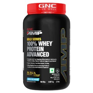 GNC AMP Gold Series Whey Protein Advanced | 2 lbs | Lean Muscle Gains | Intense Workout | Informed Choice Certified | 24g Protein | 5.5g BCAA | 4g Glutamine | Vanilla Ice Cream| Formulated In USA