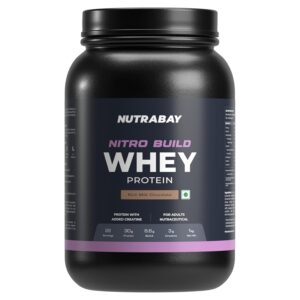 Nutrabay Pro Nitro Build Whey Protein Powder - 1kg, Milk Chocolate | 30g Protein, 3g Creatine, 6.6g BCAA | Easy to Digest | NABL Lab Tested | Muscle Growth & Recovery | Gym Supplement for Men & Women