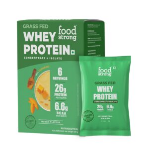 Foodstrong Whey Protein Powder (Concentrate + Isolate), 100% Hormone Free Grass-Fed Whey, 26G Protein & 6.6G BCAA, Mango, With Turmeric & Digestive Enzymes, 6 Sachets, 210G