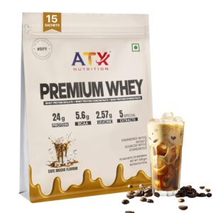 Premium Whey Protein Powder Isolate + Concentrate + Hydrolyzed (525g, Cafe Mocha) - 15 Sachets | 24g Protein, 5.6g BCAA, 2.57g Leucine | Hydrolysate Blend with Ayurvedic Extracts & DigeZyme®