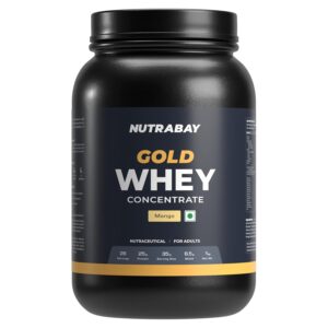 Nutrabay Gold Whey Protein Concentrate with Digestive Enzymes & Vitamin Minerals 25g Protein – Muscle Support & Recovery – 1kg, Mango | Trustified Certified Authentic