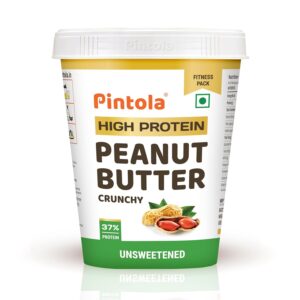 Pintola High Protein All Natural Peanut Butter | Unsweetened | 37g Protein | Imported Whey Protein and Roasted Peanuts (Crunchy, 510g)