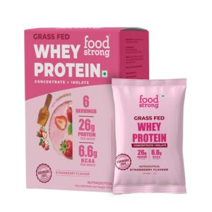 Foodstrong Whey Protein Powder (Concentrate + Isolate), 100% Hormone Free Grass-Fed Whey, 26G Protein & 6.6G BCAA, Strawberry, With Turmeric & Digestive Enzymes, 6 Sachets, 210G