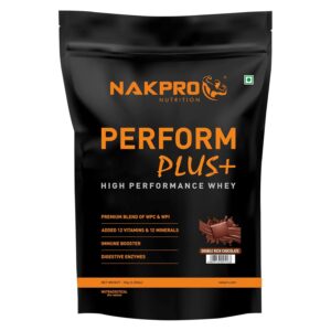 NAKPRO Perform Plus+ Whey Protein Concentrate with Digestive Enzymes | 24g Protein, 5.7g BCAA | Easy Mixing, Easy Digesting (1 Kg, Double Rich Chocolate)