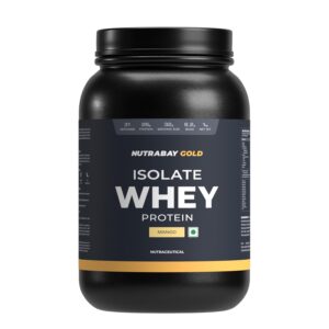 Nutrabay Gold Whey Protein Isolate Powder 26g Protein, 6.2g BCAA per Serving, Easy to Digest, NABL Lab Tested – Muscle Growth & Recovery – 1kg, Mango|100% Authentic Clean Protein