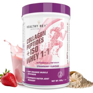 HealthyHey Nutrition Collagen Whey Protein 1:1 for Fitness, Joint & Glow - EAA 9g + BCAA 2.5g - Lactose Free, Gluten Free (Strawberry, 500g)