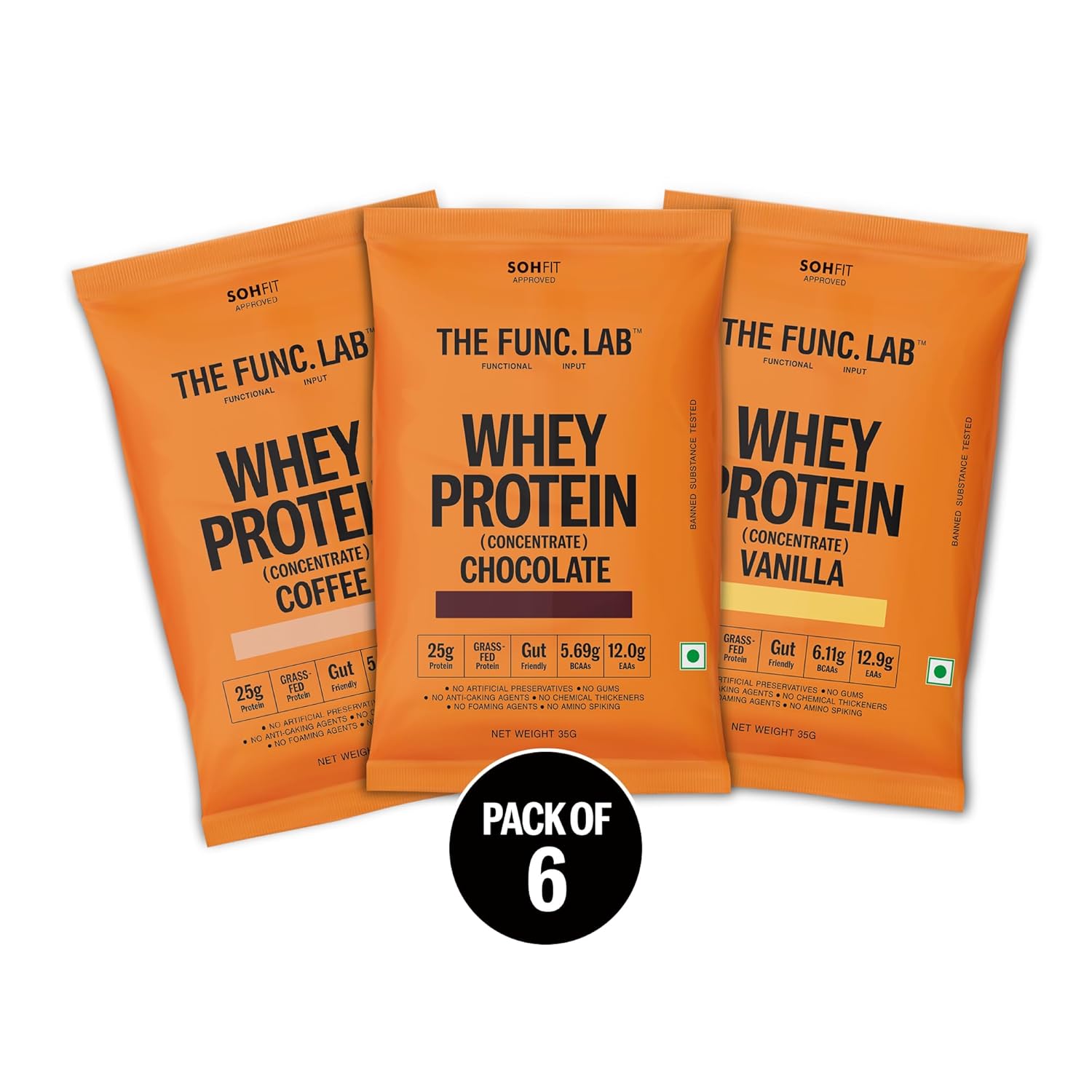 The Func. Lab Whey Protein Concentrate - Assorted Flavour Travel Packs | 6 Sachets(35g Each) | Grass‑Fed, 25-26g Protein per Scoop | High Protein Supplement with Digestive Enzyme for better Absorption