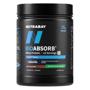 Nutrabay BioAbsorb™ Whey | ProDiFi™ for Ultra-Fast Absorption | 26g Protein | Dark Chocolate, 500g | No Bloating | No Added Sugar | Fast Recovery | India's 1st Blend of Fiber, Probiotics & Enzymes