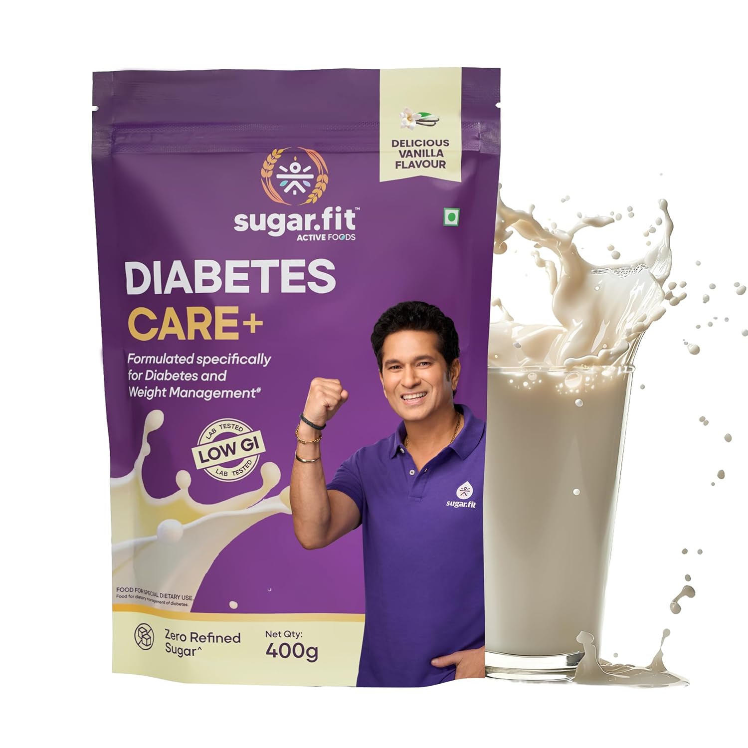 Sugar.fit Diabetes Care+ Protein Powder, Low GI, Zero Refined Sugar, High-Protein Soy & Whey Blend, 30 Vitamins & Minerals, Vanilla Flavour - 400g