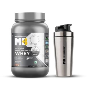 MuscleBlaze Biozyme Performance Whey Protein Powder, Chocolate Hazelnut (1 kg) + Stainless Steel Gym Shaker (700ml)