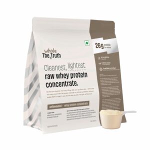 The Whole Truth Whey Protein Concentrate Unflavoured |1 kg (2.2 lbs) | 26g Protein per scoop | 6.4g BCAA | No Adulteration | Clean and Light | Muscle Building | Vegetarian