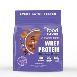 Foodstrong Whey Protein Powder (Concentrate + Isolate), 100% Hormone Free Grass-Fed Whey, 26G Protein & 6.6G BCAA, Chocolate Almond, With Turmeric & Digestive Enzymes, 2KG
