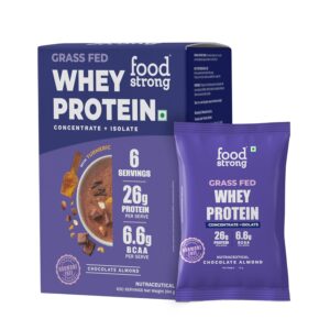 Foodstrong Whey Protein Powder (Concentrate + Isolate), 100% Hormone Free Grass-Fed Whey, 26G Protein & 6.6G BCAA, Chocolate Almond, With Turmeric & Digestive Enzymes, 6 Sachets, 204G