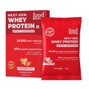 Foodstrong Next-Gen Whey Protein Isolate + Concentrate, 100% Hormone Free Grass-Fed Whey, 26G Protein, Chocolate (Cacao), With Turmeric, Probiotics & Natural Digestive Enzymes For Easy Digestion, Single Serve Sachet, 35G