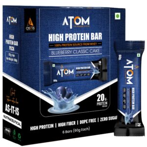 AS-IT-IS ATOM High Protein Bar | Zero Transfat | Zero Added Sugar | Whey Protein Concentrate, Isolate & Hydrolysate as Protein Source | Pack of 6 (60g x 6) | Blueberry cake