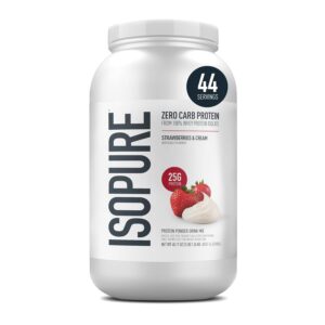 Isopure Zero Carb 100% Whey Protein Isolate Powder - 3 lbs, 1.36 kg (Strawberries & Cream), , 25g Protein per serve, Lactose-Free, Gluten-Free, Vegetarian protein for Men & Women.
