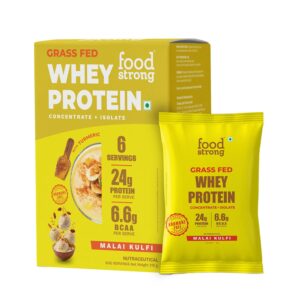 Foodstrong Whey Protein Powder (Concentrate + Isolate), 100% Hormone Free Grass-Fed Whey, 24G Protein & 6.6G BCAA, Malai Kulfi, With Turmeric & Digestive Enzymes, 6 Sachets, 210G