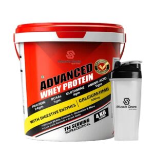 Muscle Gears Advance Whey Protein Powder, Chocolate Flavor – 4kg | With Shaker Bottle | Supports Muscle Building, Recovery & Energy | Gluten Free | For Men & Women Pack 1