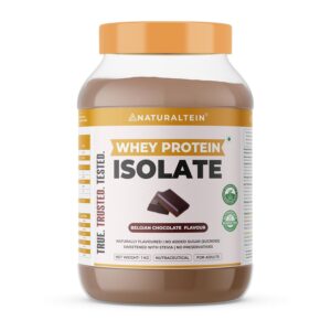 NATURALTEIN Whey Protein Isolate – 30g Fast-Absorbing Protein per Serving | Belgian Chocolate Flavour | Stevia Sweetened | No Added Sugar | Ultra Low Fat | Lab-Tested | Gluten-Free | No Preservatives | 1 kg