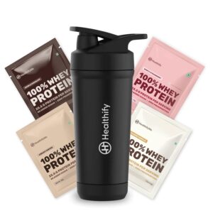 Healthify 5-In-1 Perfect Combo, Whey Protein Powder Sample Flavors 33GM Each Pack with Stainless Steel Shaker Bottle - Ideal for Gym & Travel (Chocolate/Strawberry/Vanilla/Coffee-Shaker)