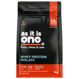 AS-IT-IS ONE Whey Protein Isolate - 1kg Unflavoured, 30g Protein per Serve. Pure, Clean & Raw, No Amino Spiking