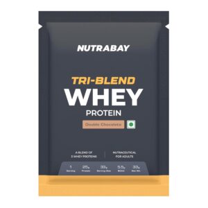 Nutrabay Gold Tri Blend Whey Protein Powder - 33gm, Double Chocolate | 25g Protein, 5.5g BCAA | Concentrate, Isolate, Hydrolyzed Protein | Muscle Growth & Recovery | Gym Supplement for Men & Women