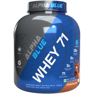 AlphaBlue Whey 71 Performance Protein Concentrate 2.5 Kg Chocolate 71 Servings | 6g BCAA in 74% Protein 26g/scoop | Testoboost, Muscle Growth, Strength, Recovery | HACCP, GMP Certified | High Absorb
