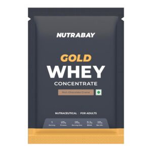 Nutrabay Gold Whey Protein Concentrate Powder 25g Protein, 5.3g BCAA – Easy to Digest, NABL Lab Tested – Muscle Growth & Recovery – 35g, Rich Chocolate Creme | Trustified Certified 100% Authentic